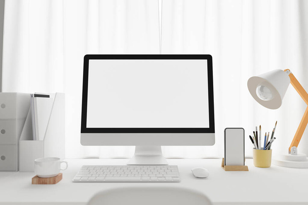 Espacio de trabajo con ordenador portátil de pantalla en blanco maqueta. Renderizado 3D. - Foto, Imagen