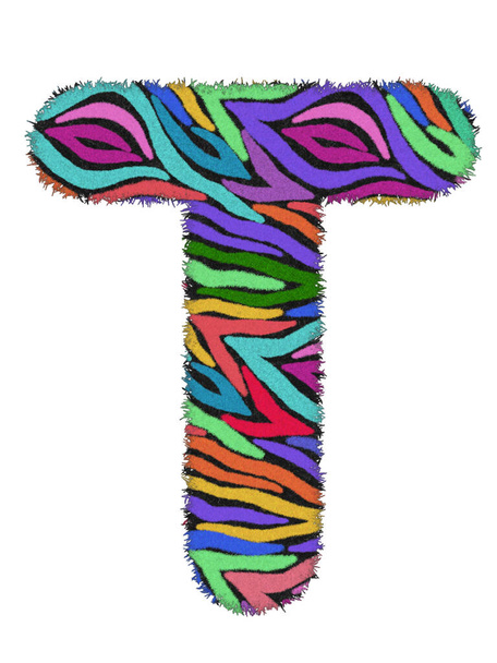 3D Zebra RAINBOW imprimir letra T, pele animal pele criativa caráter decorativo T, com colorido isolado em fundo branco. tem caminho de recorte e dicut. Design fonte wildlife ou conceito safari. - Foto, Imagem