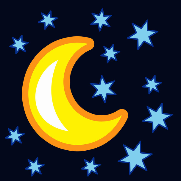 Koyu mavi gökyüzünde sarı ay ve mavi yıldızlar - Fotoğraf, Görsel