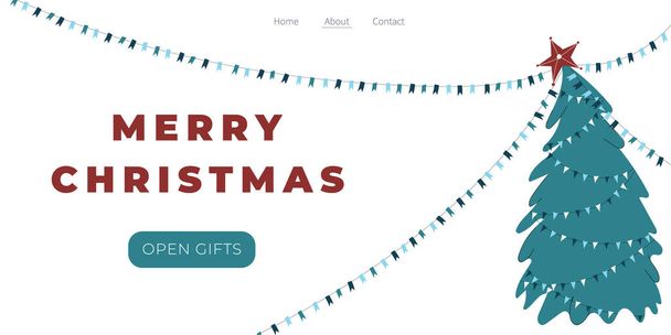 Merry Christmas and happy new year banner, flyer, landing page with decorated Christmas tree. Design winter holiday season landing page template. Trendy vector illustration for holiday offer banner. - Wektor, obraz