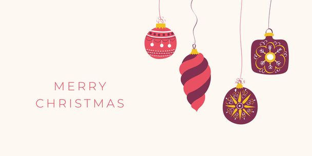 Design Merry Christmas banner template. Merry Christmas and Happy New year website layout. Hand drawn vintage Christmas decorations, Christmas balls. Trendy vector illustration - Wektor, obraz