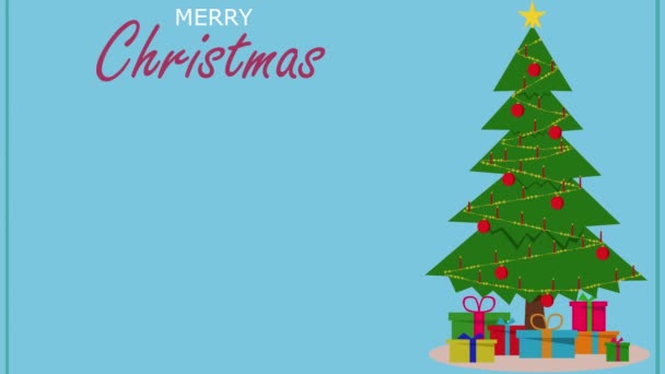Κινούμενο πρότυπο χριστουγεννιάτικης κάρτας με χριστουγεννιάτικο δέντρο και αναβοσβήνει χριστουγεννιάτικα κεριά σε μπλε φόντο. Καλά Χριστούγεννα πρότυπο. - Πλάνα, βίντεο