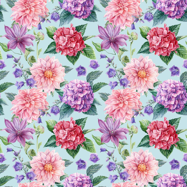Flowers hydrangea, dahlia, bell, watercolor drawings, floral design, seamless pattern - Photo, Image