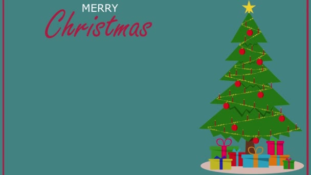 Plantilla de tarjeta de Navidad animada con árbol de Navidad y velas de Navidad parpadeantes sobre un fondo azul. Feliz Navidad plantilla. - Metraje, vídeo
