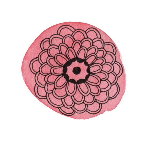 Watercolor pink circle with line art flower. - Photo, Image