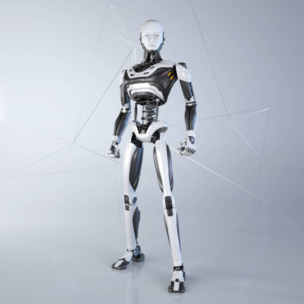Robot android pozujący na jasnoszarym tle. 3D ilustracja - Zdjęcie, obraz
