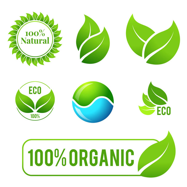 Organic bio etichette naturali set icona - Vettoriali, immagini