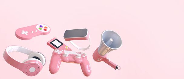 Gamepad - Gaming concept and game console vising with headphones and game on Red Background - 3d rendering - Фото, изображение