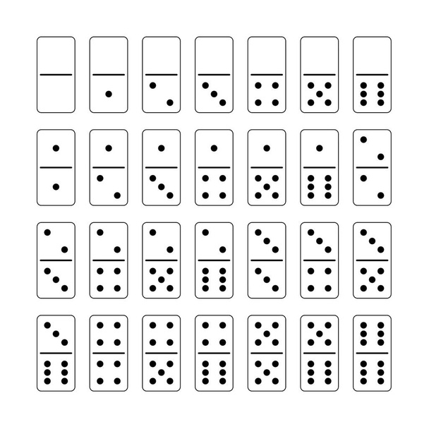 Domino set. Complete assorted game, collection of 28 arranged white tiles with black dots. Isolated outline vector illustration on white background. - Vector, Image