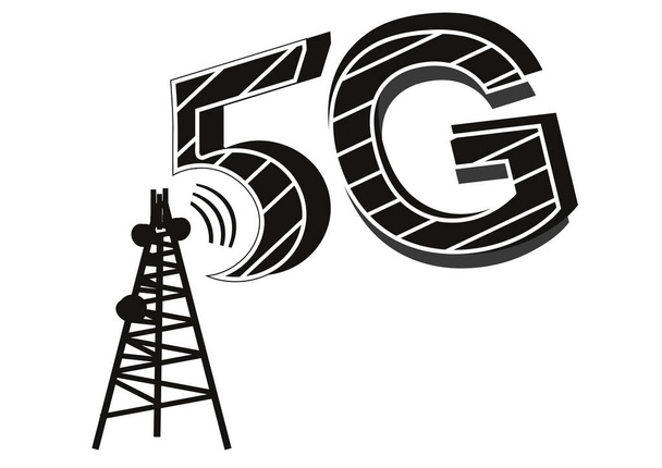 5g network tower clip art. 5g network icon, isolated on white background. 5g internet, vector illustration, black and white color. - Vector, Image