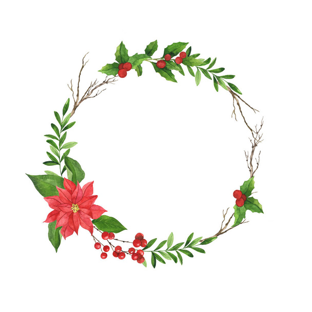 Christmas decorative frame with red poinsettia flower, green leaves, holly leaf and dry branches. Hand drawn watercolor illustration. - Φωτογραφία, εικόνα