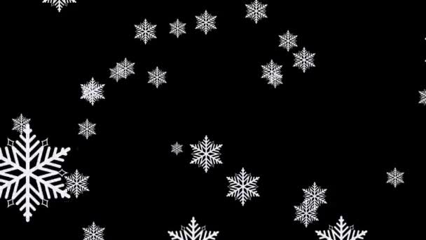 Copos de nieve blancos confeti copos de nieve cayendo lentamente sobre fondo negro noche invierno. 4k royalty gratis video animado. Espectáculo de Navidad, vacaciones de año nuevo. - Metraje, vídeo
