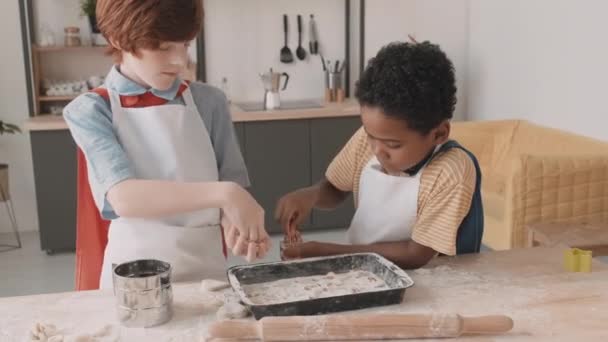 Roodharige blanke en Afrikaanse schooljongens met witte schorten aan tafel in de keuken, die koekjes versieren met hagelslag op bakplaat - Video