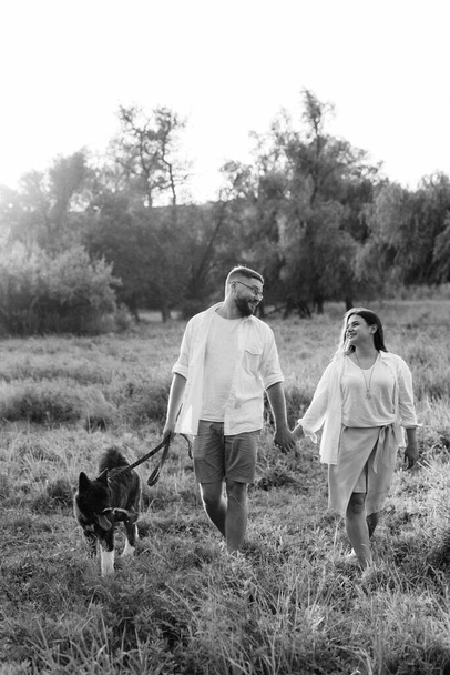 American Akita dog for a walk with a guy and a girl on the green prairie - 写真・画像