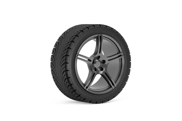 Roda do carro - aro com um pneu para um carro de passageiros isolado em um fundo branco - renderização 3D - Foto, Imagem