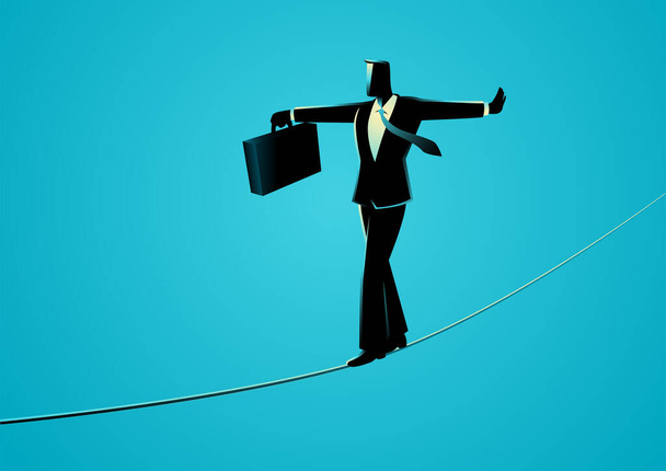 ロープの上を歩くビジネスマンのビジネスの概念ベクトル図は、落下しないようにバランス。事業上のリスク - ベクター画像