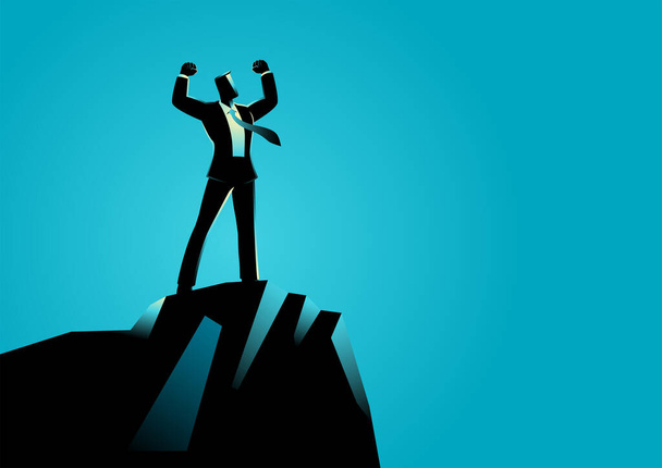 Bedrijfsconcept vector illustratie van een zakenman die op de top van de rots staat. Geest, vastberadenheid concept - Vector, afbeelding