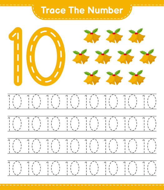 Trace the number. Tracing number with Christmas Bell. Educational children game, printable worksheet, vector illustration - Vector, Image