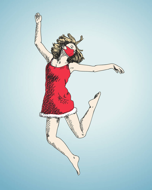 Christmas coronavirus pandemic people celebration, Jumping dancing girl in medical face mask, small red dress on blue background, Vector sketch, Hand drawn illustration. Happiness body expression - Vector, Image