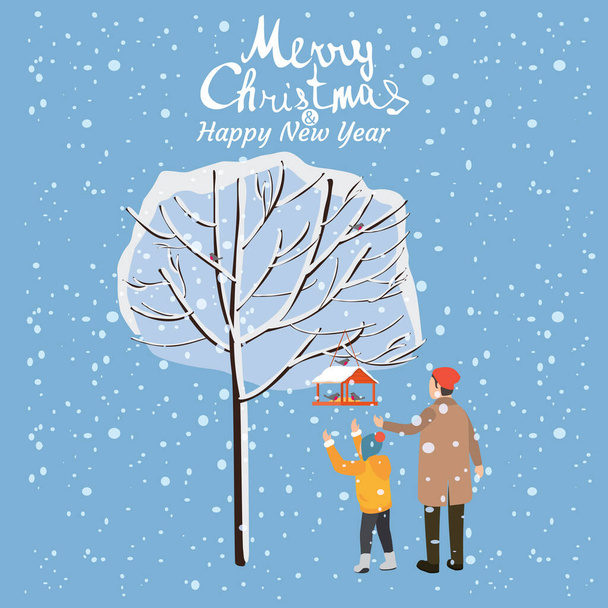 Καλά Χριστούγεννα Ευχετήρια Κάρτα, Πατέρας και γιος ταΐζουν τα πουλιά με χιονισμένα δέντρα. Εικονογράφηση αφίσας διανύσματος γραμμάτων - Διάνυσμα, εικόνα