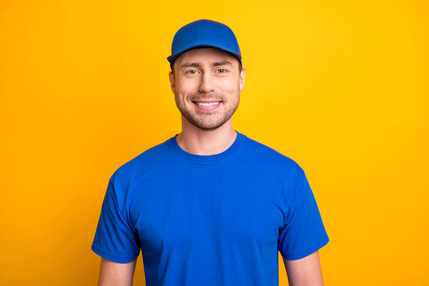 Portrait of working man smile wear blue clothing look camera isolated on bright yellow color background - Valokuva, kuva
