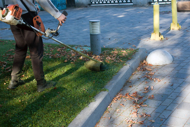 Travail d'automne dans le parc. Le jardinier coupe l'herbe avant l'hiver. - Photo, image