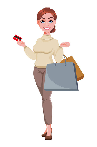 Aktienvektor. Junge schöne Geschäftsfrau geht einkaufen. Hübsche Geschäftsfrau Cartoon-Figur im flachen Stil. Vektorillustration - Vektor, Bild