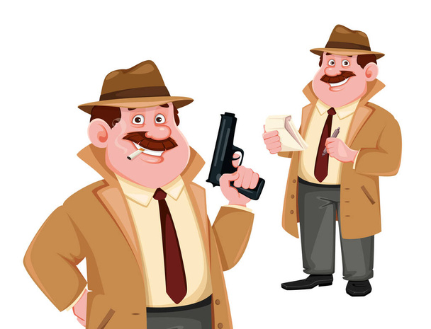 Stock vector detective karakter, set van twee poses. Onderzoeker tekenfilmfiguur. Vectorillustratie. - Vector, afbeelding