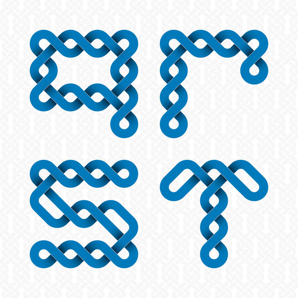 Fuente de tiras retorcidas. Q, R, S, T letras en relieve azul sobre un fondo blanco con dibujos. - Vector, Imagen