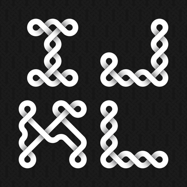 Шрифт зі скручених смуг. Я, J, K, L білі рельєфні літери на чорному тлі
. - Вектор, зображення