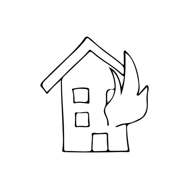 Hand drawn icon of burning house. Doodle icon of house in fire. Doodle icon of burning house - Vector, Image