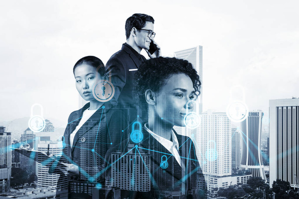 Group of business colleagues as a part of multinational corporate team working on project to protect clients information at cybersecurity compliance division. IT lock icons over Kuala Lumpur - Fotografie, Obrázek