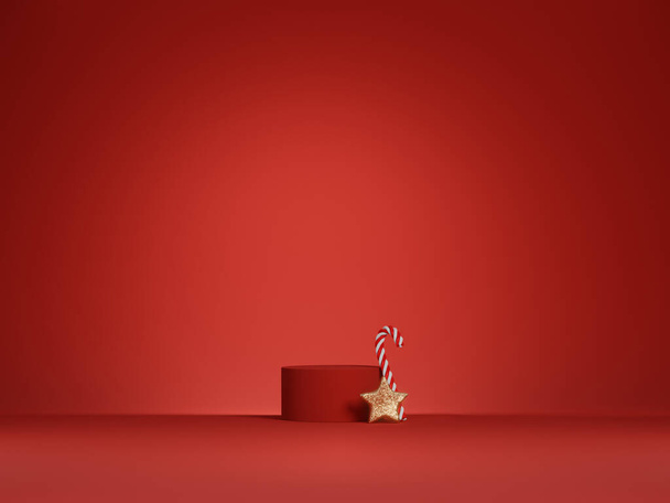 3D дисплей подиума, красный праздничный фон. Рождественский орнамент и витрина для презентации продукта или текста. Минимальная студийная сцена с золотой звездой и конфеткой. Зимний 3D рендеринг с местом для копирования.  - Фото, изображение
