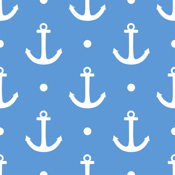 Tile sailor vector pattern with white anchor and polka dots on pastel blue background - Vector, Imagen