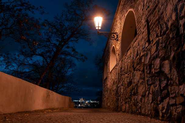  the old illuminated defocused stone wall from the 17 century and the light of street lighting and in the background the illuminated Prague Castle and the Church of St. Vitus at night - Photo, Image