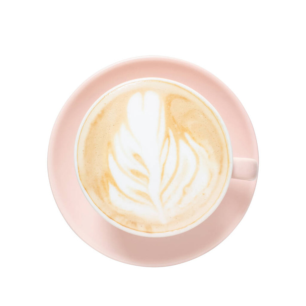 Στο πάνω μέρος. Hot καφέ latte τέχνη σε φλιτζάνι απομονωμένο λευκό φόντο.  - Φωτογραφία, εικόνα