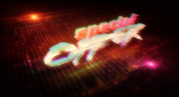 Special offer futuristic cyberpunk style illustration. Modern abstract 3d hologram intro with glitch effect. Hot sale, promotion neon, first run, black friday and cyber monday concept. - Photo, Image