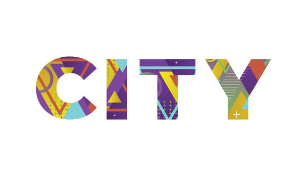 カラフルなレトロな形と色のイラストで書かれた単語CITYの概念. - ベクター画像