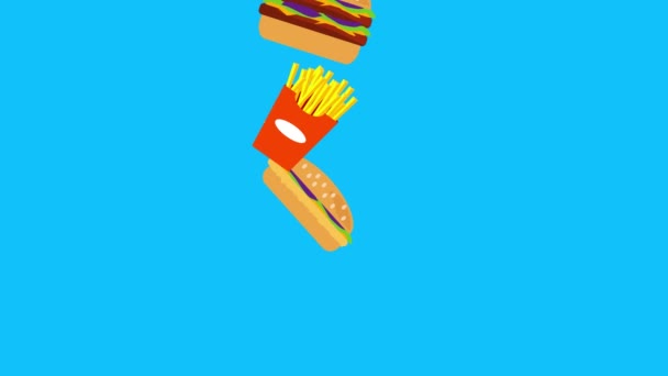 Hamburguesa de comida rápida y animación de patatas en la tecla croma pantalla azul - Imágenes, Vídeo