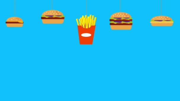 Бургеры с фаст-фудом и картофельная анимация на голубом экране - Кадры, видео