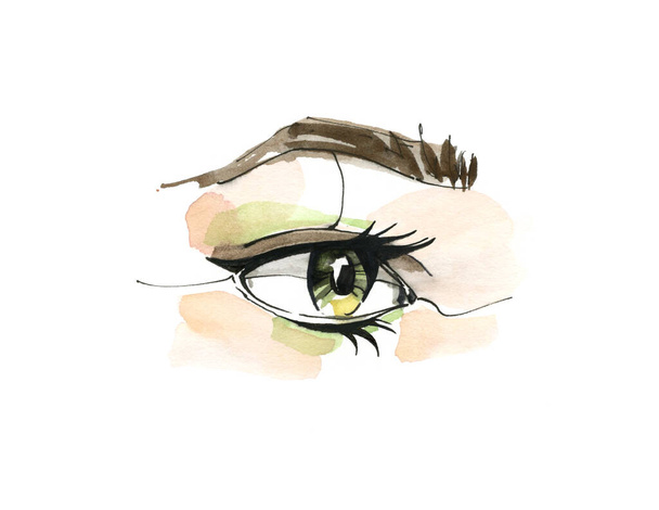 Open eye and long eyelashes in watercolor technique. Natural looking green eye and eyebrow. Hand drawn illustration isolated on white background. Realistic design for mascara and beauty products - Photo, Image