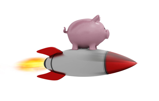Пигги-банк летит на ракете. Концепция быстрого прироста денег. Изолированный на белом фоне - Фото, изображение