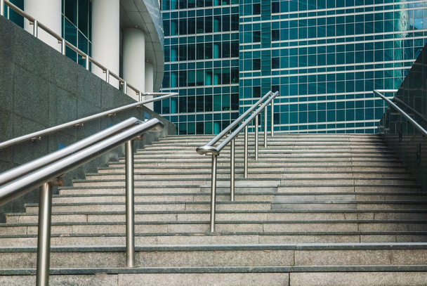 granite stairs leading to glass office buildings of financial district , no people, Moscow 28-06-2020 - 写真・画像