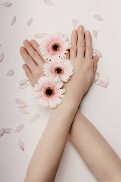Belas mãos de uma mulher segurando um botão de rosa deitado sobre um fundo branco. conceito de cuidados com a pele, hidratação e redução de rugas - Foto, Imagem