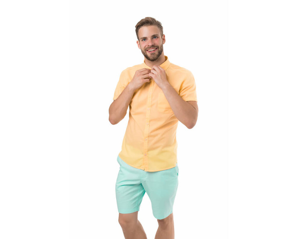 Male fashion summer trends. Unshaven man skin care. Barbershop concept. Perfect appearance. Menswear shop. Macho wearing linen yellow shirt. Sexy guy casual style. Masculinity concept. Beauty model - Φωτογραφία, εικόνα