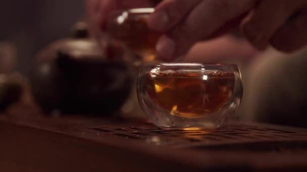 Pohostinný hostitel zve hosta na vynikající japonský čaj ze skleněné mísy. Detailní záběr bez tváře. - Záběry, video
