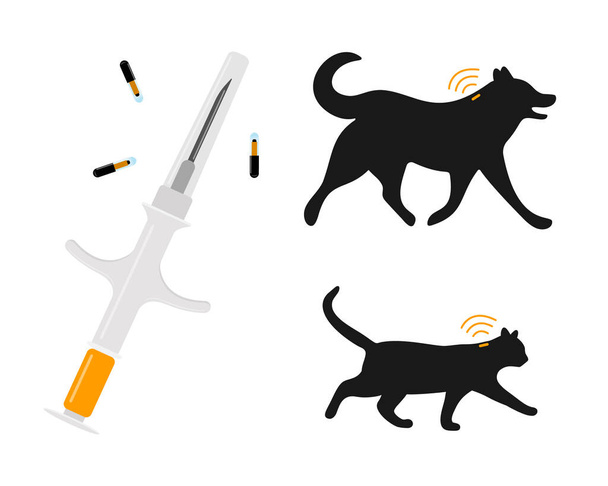 Концепція мікрочіпів домашніх тварин. Шприц з мікрочіпами, собаками та котячими силуетами з імплантатами та сигналами RFID. Тварини постійно ідентифікуються. Векторні плоскі ілюстрації
 - Вектор, зображення