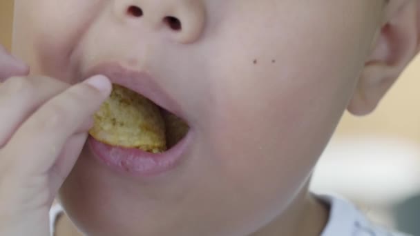 Chłopiec z nadwagą jedzący chipsy, zbliżenie - Materiał filmowy, wideo