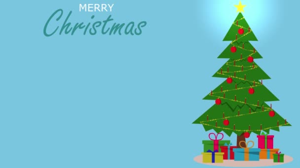 Animierte Weihnachtskarten-Vorlage mit Weihnachtsbaum und flackernden Weihnachtskerzen auf blauem Hintergrund. Frohe Weihnachten. - Filmmaterial, Video