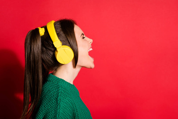 Photo of singing young woman dressed green knitted sweater headset looking empty space isolated red color background - Foto, immagini